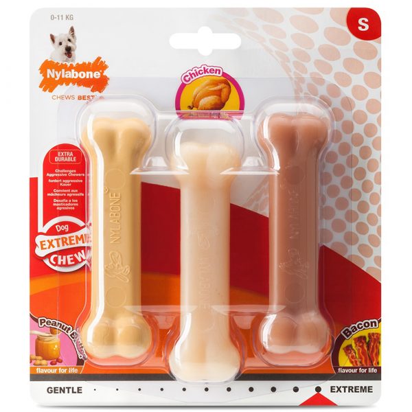 983918 Nylabone Extreme Bone Triple Pack Bacon Chicken Peanut Butter Small 1000