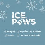 Product features infographic for the Ancol Ice Paws dog cooling mat. Displays the white "Ice Paws" logo with a paw print icon against a textured slate blue background decorated with white snowflakes. A checklist at the bottom highlights key product benefits: waterproof, wipe clean, breathable, pet safe, non-toxic and eco-friendly. Ideal for keeping local dogs safe from summer heatwaves.
