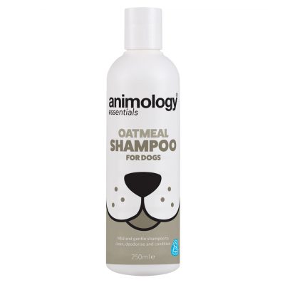 Front view of a 250ml white bottle of Animology Essentials Oatmeal Shampoo for Dogs, featuring black and taupe branding with a stylized dog snout graphic and key text reading "Mild and gentle shampoo to clean, deodorise and condition