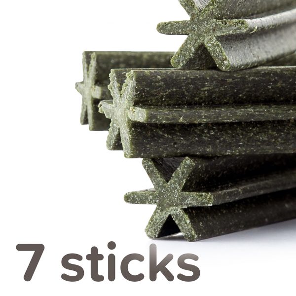 Beaphar Dental Sticks Open Large Dog Close up of star shaped dog dental sticks out of the packet