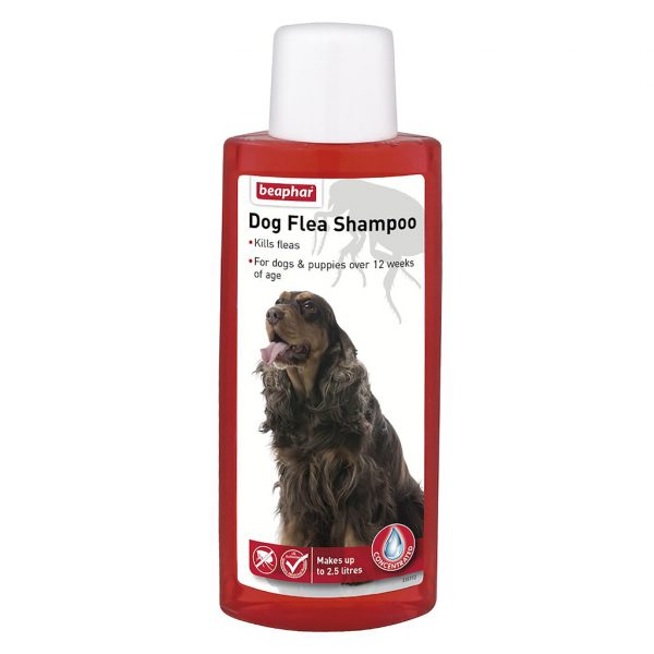 Beaphar Dog Flea Shampoo 1024 Bottle of Red Dog Flea Shampoo with a Cocker Spaniel on the front