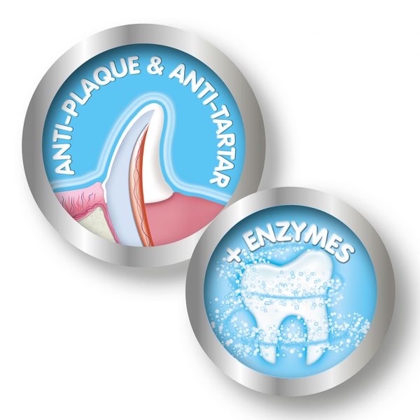 Beaphar Plaque Away Graphic Icon graphics stating anti plaque, anti tartar and a picture of a tooth surrounded in bubbles with the text "plus enzymes"