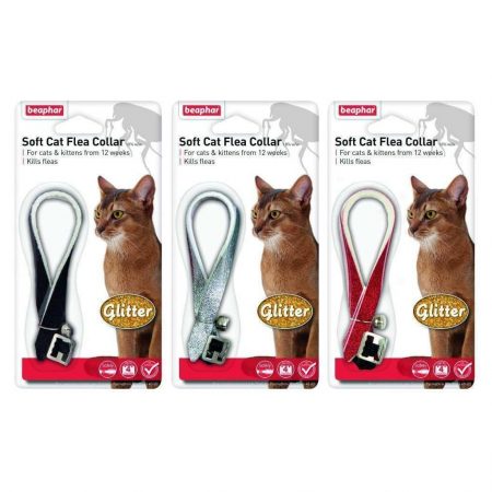 Set of 3 Blister packs of Black, silver and red glitter Cat Flea collar with a picture of a cat on each