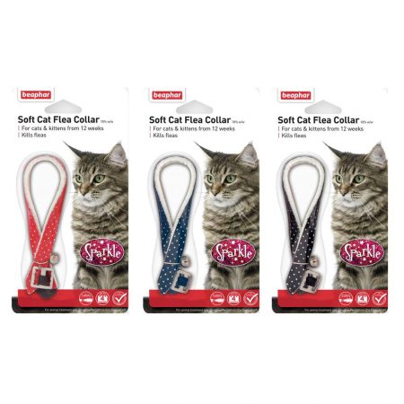 Set of Blister packs of Cat Flea collars, red, blue and black, all with sparkly dots and a picture of a cat
