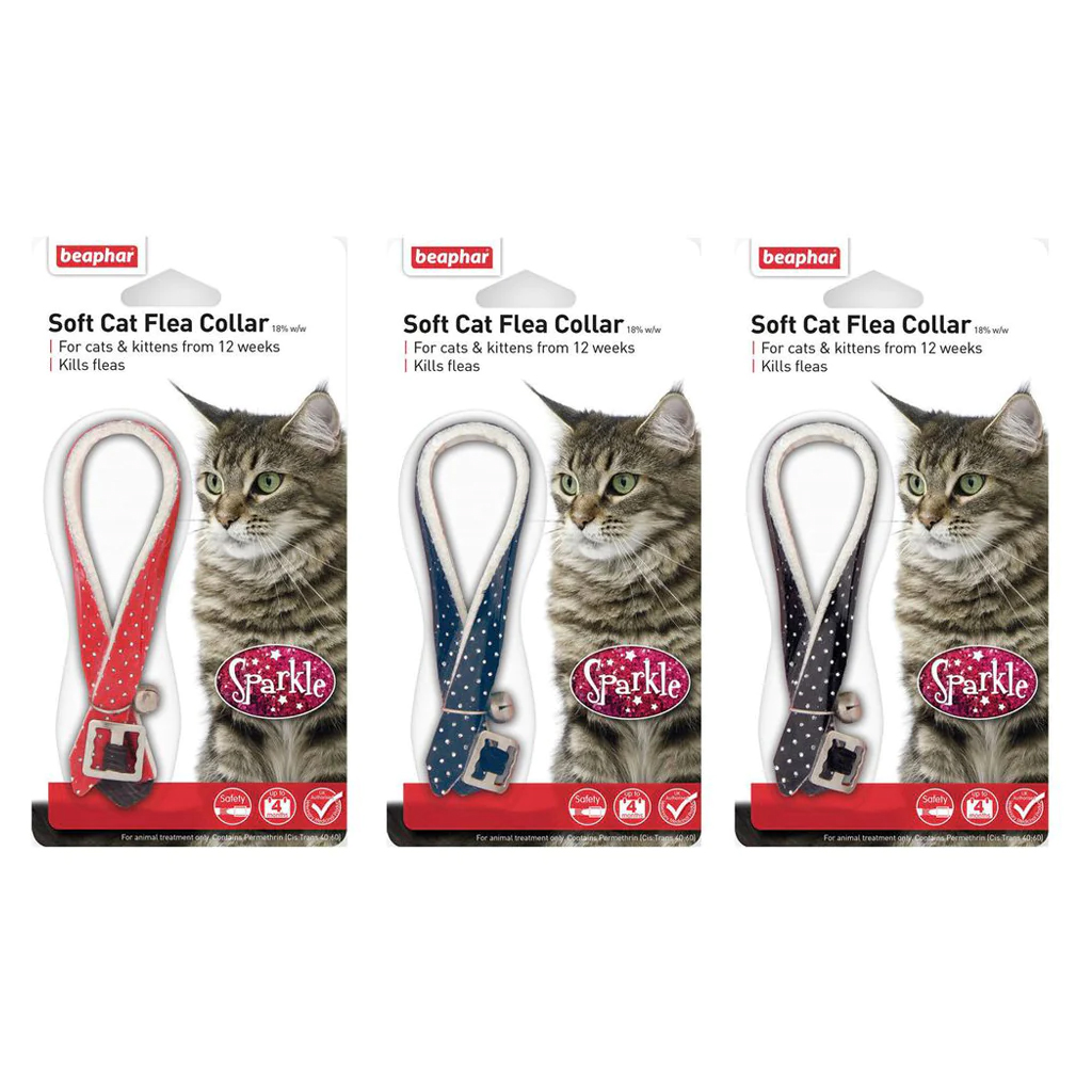 Set of Blister packs of Cat Flea collars, red, blue and black, all with sparkly dots and a picture of a cat