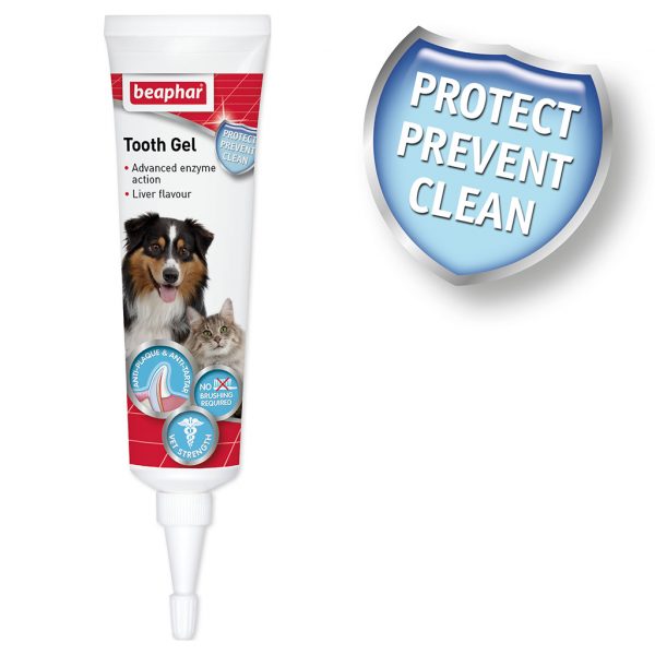 Beaphar Tooth Gel Open Tube of Tooth Gel with Dog and cat on front and a shield icon saying Protect, Prevent, Clean