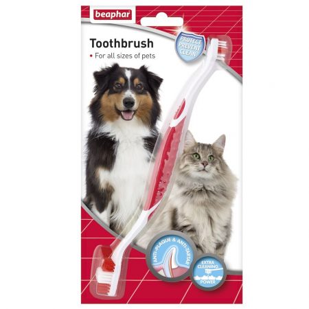 Blister pack containing a double ended toothbrush, with a picture of a cat and dog