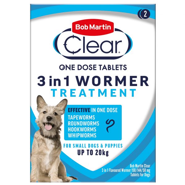 Bob Martin 3in1 Wormer 20kg New Packet of Dog Worming Tablets with a small breed dog on the front