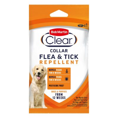 Front product packaging for Bob Martin Clear Collar Flea & Tick Repellent for dogs and puppies. The white and orange pouch features a Golden Retriever dog and highlights that it repels fleas and ticks for 8 weeks. It states the product is pesticide-free and suitable for dogs and puppies from 12 weeks of age.