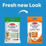 A "Fresh New Look" infographic showing the packaging transition for Bob Martin Clear. On the left is the old white and green sachet; a white arrow points to the right, showing the new white and orange branding. Both packages feature a golden retriever and confirm suitability for dogs from 12 weeks