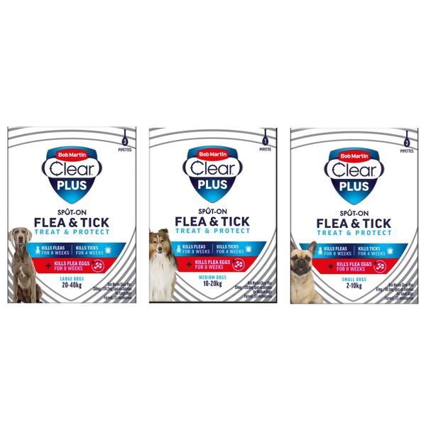 3 Packets of Dog Flea Spot-on each with a small, medium or large dog on front