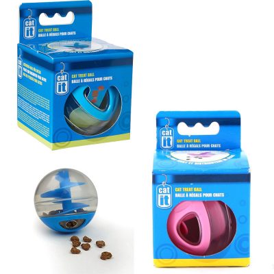 Blue and Pink Cat Treat Balls in box and blue ball open with treats spilling out