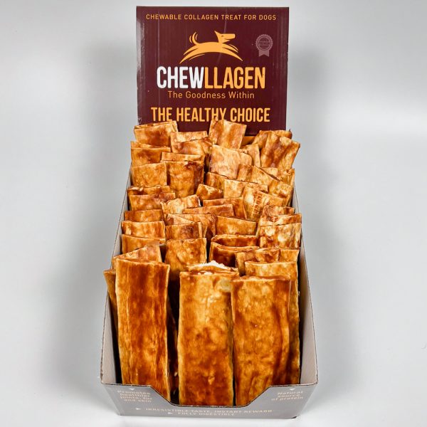 Chewllagen Chicken Chips Box 1000 Open display box of 50 collagen dog treats