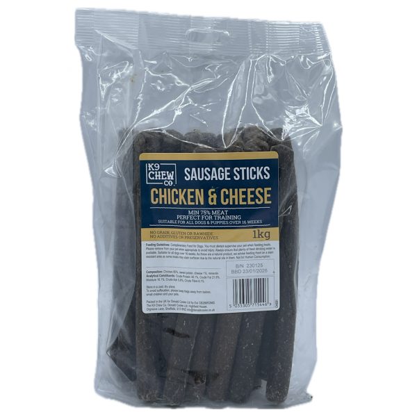 1kg Bag of Chicken & Cheese 20cm Sausage Sticks Dog Treats