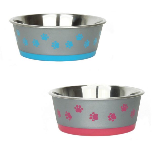 Set of 2 stainless steel dog bowls with pink and blue pawprints
