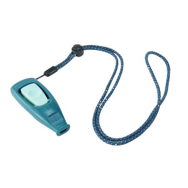 Coachi Puppy Mini Whizzclick 1080px Coachi Whizzclick 2-in-1 dog training clicker and whistle in teal blue and light mint, featuring a raised thumbpiece button and an attached blue reflective, adjustable lanyard cord isolated on a white background