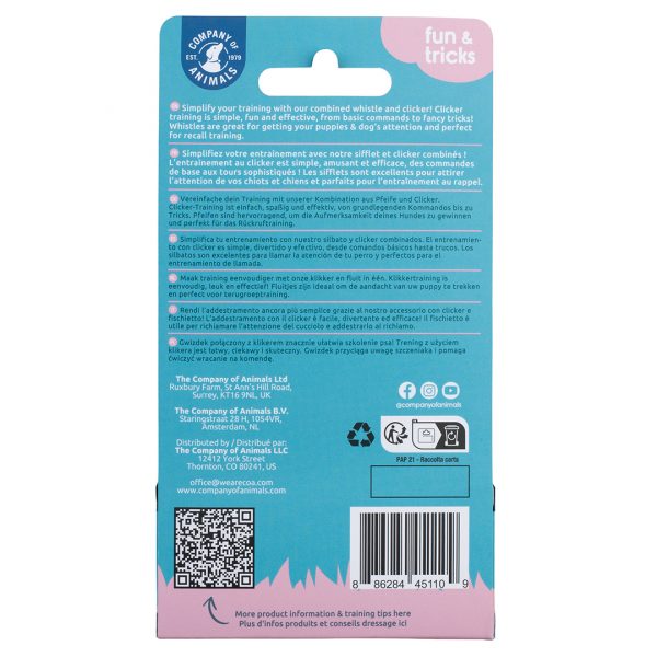 Coachi Puppy Mini Whizzclick Back of Pack 1080px Back of the Coachi Whizzclick retail packaging card displaying product descriptions in multiple languages, Company of Animals address details, social media handles, recycled packaging icons, barcode, and a QR code link for training tips