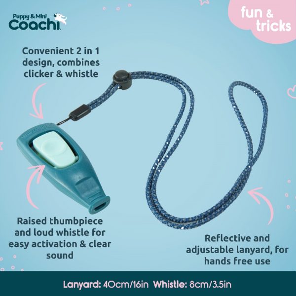 Coachi Puppy Mini Whizzclick Features 1080px Product infographic of the Coachi Whizzclick highlighting key features with arrows: convenient 2-in-1 clicker and whistle design, raised thumbpiece for easy activation, loud whistle for clear sound, reflective adjustable lanyard, and overall dimensions of 40cm lanyard and 8cm whistle.