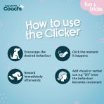 Step-by-step training guide titled "How to use the Clicker" featuring four numbered icons: 1. Encourage the desired behaviour, 2. Click the moment it happens, 3. Reward immediately afterwards, and 4. Add visual or verbal cue once consistent.