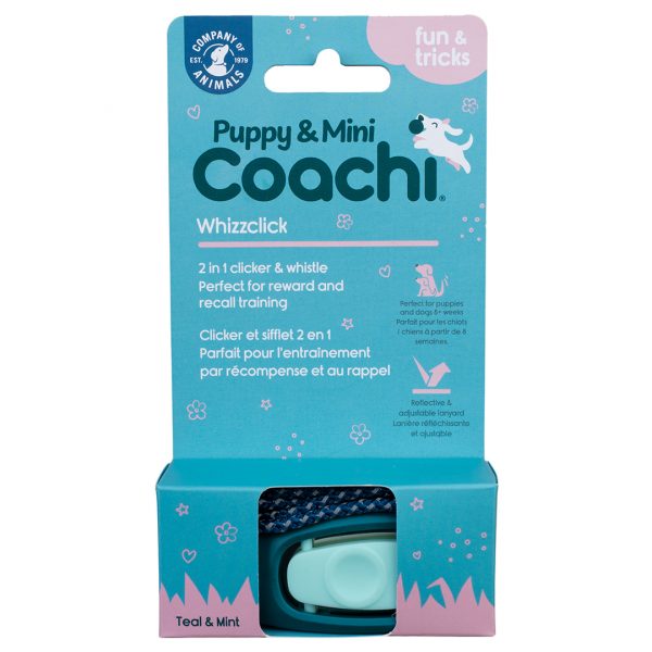 Coachi Puppy Mini Whizzclick in Pack 1080px Front view of the Coachi Whizzclick packaged in a blue and pink retail box labelled "Puppy & Mini Coachi Whizzclick 2 in 1 clicker & whistle", showing the mint green button visible through the front cut-out window and colour variant marked "Teal & Mint"