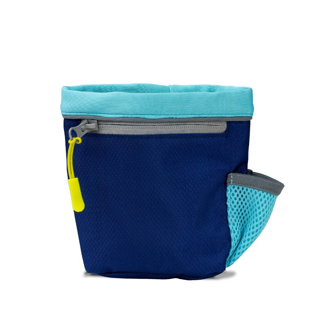 Navy Blue Dog Treat bag with light blue top and side pocket