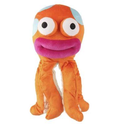 Orange Octopus plush dog toy with exaggerated pink lips and bug eyes