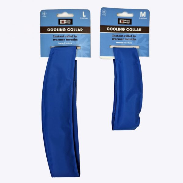 Danish Design Cooling Collar Med and Large on Card 1080px Retail packaging display of two royal blue Danish Design Dog Cooling Collars in Large and Medium sizes against a plain white background. The header cards feature the Danish Design logo and the text "Cooling Collar - Instant relief in warmer months"