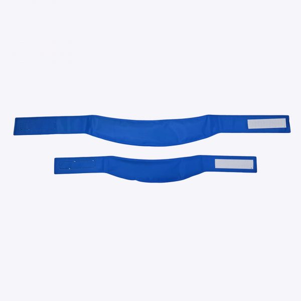 Danish Design Cooling Collar Med and Large open 1080px Overhead flat lay image of two blue Danish Design dog cooling collars unfastened and laid flat, displaying the large and medium sizes. The shot highlights the wide, curved cooling band shape and the secure white hook-and-loop velcro fastening strips on the adjustment tabs, emphasizing adjustable comfort for hot weather dog safety