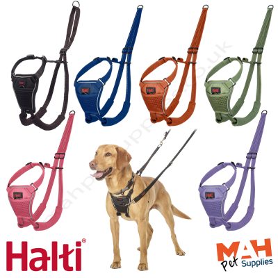 Product graphic showing the Halti No Pull Harness in six available colours - black, cobalt blue, burnt orange, forest green, pink, and purple - arranged around a central image of a yellow Labrador wearing the black padded harness attached to a matching Halti Training lead. Each harness features a breathable mesh chest panel with the red Halti logo badge, adjustable nylon straps, and padded sherpa-style leg sleeves to prevent rubbing and pulling. The bottom corners display the red Halti brand logo on the left and the orange and navy MAH Pet Supplies logo on the right, set against a clean white background