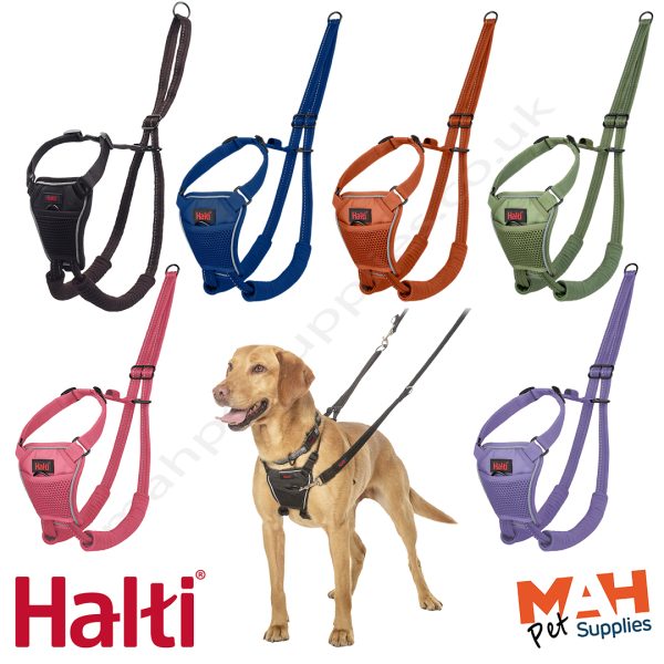Halti No Pull Harness 6 colours 1080px Product graphic showing the Halti No Pull Harness in six available colours - black, cobalt blue, burnt orange, forest green, pink, and purple - arranged around a central image of a yellow Labrador wearing the black padded harness attached to a matching Halti Training lead. Each harness features a breathable mesh chest panel with the red Halti logo badge, adjustable nylon straps, and padded sherpa-style leg sleeves to prevent rubbing and pulling. The bottom corners display the red Halti brand logo on the left and the orange and navy MAH Pet Supplies logo on the right, set against a clean white background
