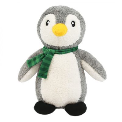 Cute Plush Penguin Dog Toy wearing a Stripey Green Scarf