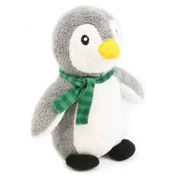 HappyPet Pebble Penguin Side 1080px Cute Plush Penguin Dog Toy wearing a Stripey Green Scarf