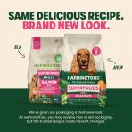 A promotional graphic showcasing the packaging transition for Harringtons Superfoods Adult Salmon with Vegetables dog food. The image features two 12kg bags side-by-side against a cream and forest green background. On the left, the "Old" bag is displayed with a smaller Spaniel image and a pink central label. On the right, the "New" bag is shown, featuring a prominent, large-scale portrait of a Golden Cocker Spaniel above a vibrant green base decorated with illustrations of fresh salmon, sweet potato, peas, and blueberries. The top of the graphic features bold green and pink text stating, "SAME DELICIOUS RECIPE. BRAND NEW LOOK." At the bottom, a white text block explains that customers may receive either the old or new packaging during the transition period, emphasizing that the trusted grain-free recipe remains unchanged. The British flag icon is visible, highlighting its UK-made heritage. SEO Keywords: Harringtons Superfoods Salmon, grain-free dog food, adult dog food 12kg, Harringtons new packaging, hypoallergenic dog food, salmon and vegetables dog food, UK made pet food, natural dog nutrition.
