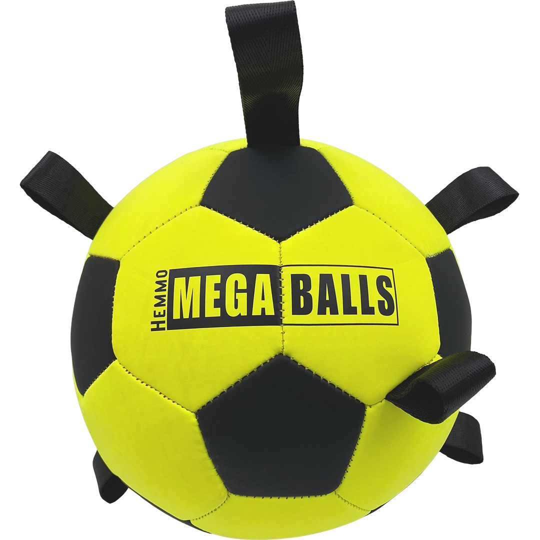 Single product shot of the high-visibility neon yellow Hemmo Mega Ball Pick-Me-Up interactive dog training ball against a clean white background. This tough, matte-finish football for dogs includes multiple black nylon pulling straps sewn around the body to encourage natural retrieving behavior and easy mouth pickup for vocal or high-energy dogs