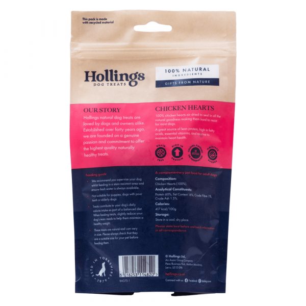Hollings Chicken Hearts Back 1000 Back of packet of Chicken Hearts Natural Dog Treats