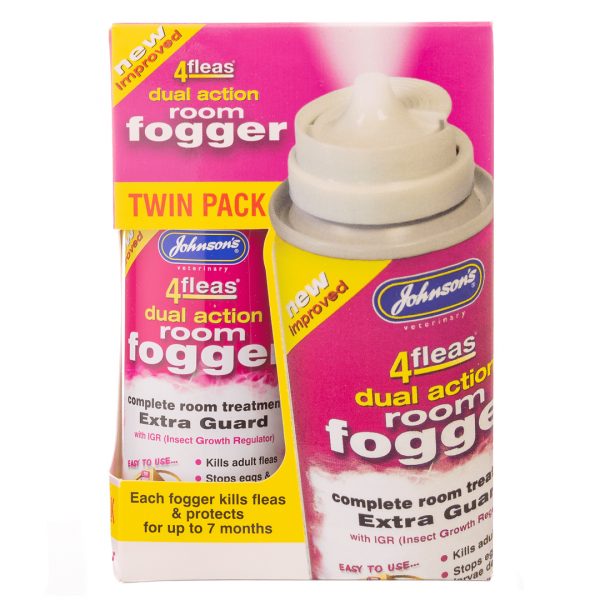 Johnsons 4Fleas Dual Action Fogger Twin Pack 1080px Johnsons Veterinary 4Fleas Dual Action Room Fogger Twin Pack retail packaging on a white background, featuring pink and yellow branding with text highlighting complete room treatment, Extra Guard with IGR (Insect Growth Regulator), kills adult fleas, stops eggs and larvae developing, and protects for up to 7 months.