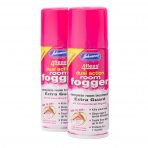 Two pink aerosol cans of Johnsons Veterinary 4Fleas Dual Action Room Fogger standing side-by-side on a white studio background, displaying key features including household flea treatment, treats floor area up to 35 square metres, and 7-month protection