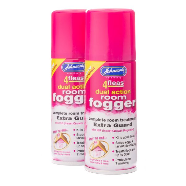 Johnsons 4Fleas Dual Action Fogger Twin Pack out of box 1080px Two pink aerosol cans of Johnsons Veterinary 4Fleas Dual Action Room Fogger standing side-by-side on a white studio background, displaying key features including household flea treatment, treats floor area up to 35 square metres, and 7-month protection