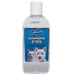 Johnson's Veterinary Diamond Eyes tear stain remover and facial cleanser for dogs, cats, and small animals. The clear 125ml plastic bottle features a blue label with images of a white cat and a West Highland White Terrier (Westie), highlighting its use for clearing tear stains and maintaining facial hygiene in light-coated pets. Available for nationwide UK shipping or local collection and free local delivery around Clowne from MAH Pet Supplies.