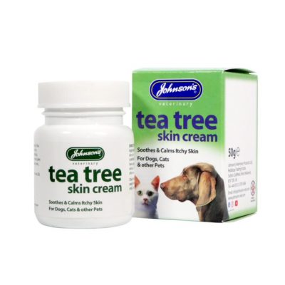 50g tub of Tea Tree cream next to its box with cat and dog on front