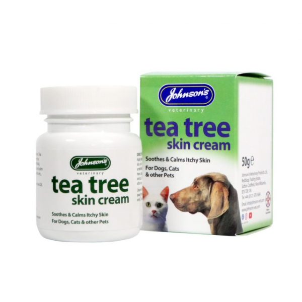 Johnsons Tea Tree Cream Out Of Box 1024 50g tub of Tea Tree cream next to its box with cat and dog on front