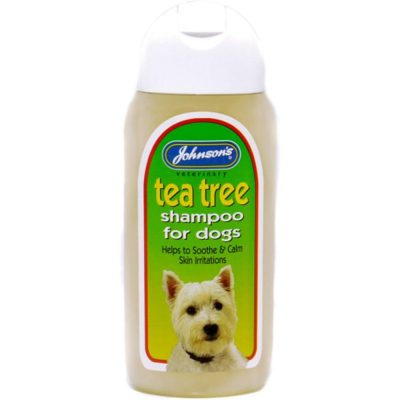 Bottle of Johnsons Tea Tree Dog Shampoo with a Westie in the label