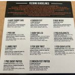 List of contents of dog treat box, including feeding guidelines and composition of contents