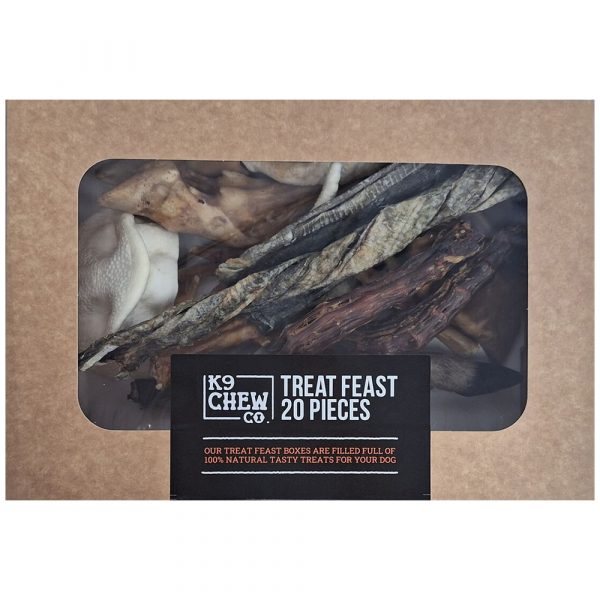 K9 Chew Co 20 Piece Treat Feast Box Top 1000 Brown box with see through lid, full of natural dog treats