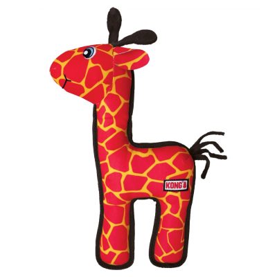 A high-resolution product photograph of the KONG Ballistic Giraffe dog toy, shown in full profile against a solid white background. The toy is constructed from a vibrant red, heavy-duty ripstop fabric featuring a bright yellow giraffe spot pattern. The outer edges are reinforced with a thick, dark brown stitched border for added durability. The giraffe has minimalist design features, including a simple stitched eye with a blue iris, small soft fabric ears, dark brown ossicones (horns) on its head, and a braided dark brown fabric tail. A rectangular woven KONG logo label is stitched onto the rear flank of the toy