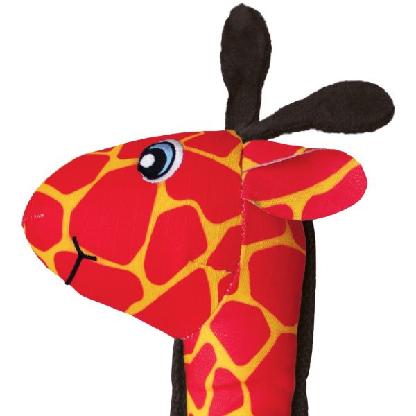 KONG Ballistic Giraffe Close Up 1080px A detailed close-up shot focusing on the head and neck of the KONG Ballistic Giraffe dog toy. The image highlights the durable texture of the red and yellow cross-hatched ripstop fabric and the precise, heavy-duty stitching along the seams. Visible details include the embroidered cartoon-style eye with white, blue, and black detailing, a simple black stitched mouth line, and the dark brown plush fabric used for the ears and horns. The clean white background emphasizes the bright colours and material quality of the toy.
