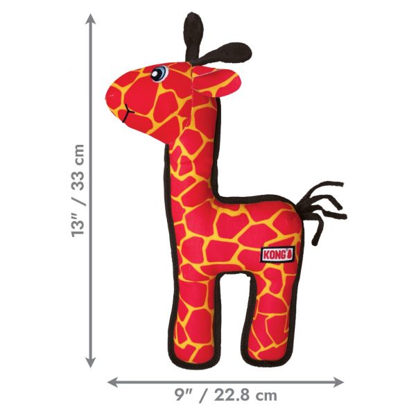 KONG Ballistic Giraffe Dimensions 1080px A product graphic showing the full-length KONG Ballistic Giraffe dog toy alongside grey dimensional measurement arrows on a white background. The vertical arrow on the left indicates the total height of the toy is 13 inches or 33 centimetres from the tips of the horns to the bottom of the front legs. The horizontal arrow at the bottom indicates the total width is 9 inches or 22.8 centimetres from the front of the chest to the tip of the tail. The toy features its signature red and yellow patterned ripstop body with reinforced brown edges.