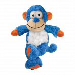 A studio product shot of the KONG Cross Knots Monkey dog toy against a solid black background. The plush toy features vibrant blue textured fur, a white fluffy chest, and bright orange accents on the ears and paws. It has a friendly, embroidered face with large eyes and a stitched smile. The internal knotted rope structure is visible through the toy's durable plush exterior, designed for natural chewing instincts.