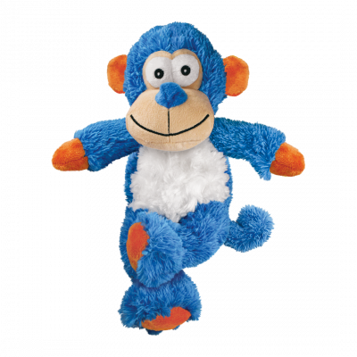 A studio product shot of the KONG Cross Knots Monkey dog toy against a solid black background. The plush toy features vibrant blue textured fur, a white fluffy chest, and bright orange accents on the ears and paws. It has a friendly, embroidered face with large eyes and a stitched smile. The internal knotted rope structure is visible through the toy's durable plush exterior, designed for natural chewing instincts.