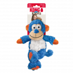 The KONG Cross Knots Monkey dog toy shown in its original retail packaging against a white background. The red and white header card features the KONG logo and "Cross Knots" branding, along with an image of a child and a small dog. The packaging highlights key features such as "Squeaks" in multiple languages, including English, French, and German, indicating the internal squeaker for added engagement